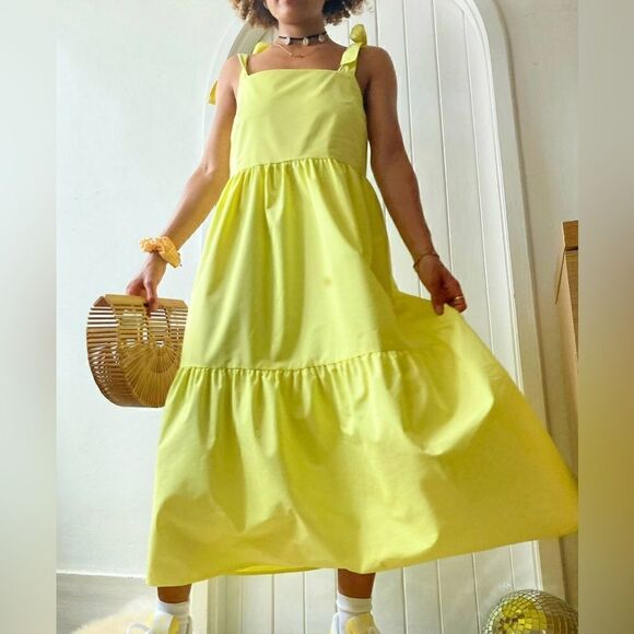 EUC Yellow Stradivarius Tiered PoplinMidi Dress with Bunny Ties - Picture 1 of 9